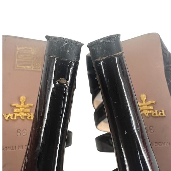 Prada Patent Leather Vitello Strappy Open Toe Heeled Sandals in Black - Picture 12 of 14